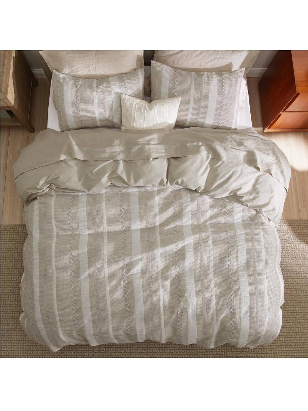 Bedsure PureWoven Boho Striped Cotton Waffle Duvet Cover Set, Queen, Linen - Picture 7 of 9